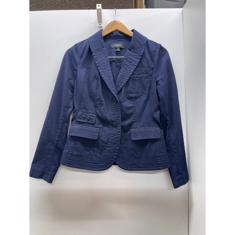 Talbots Womens Navy Blue Cotton Two Button Blazer Jacket Size 4 Workwear